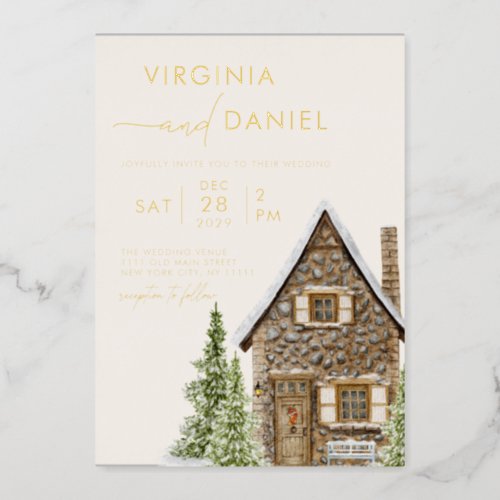 Rustic Cottage Cabin Winter Holiday Wedding Foil Invitation