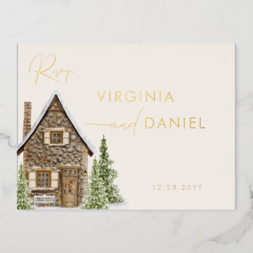 Rustic Cottage Cabin Winter Holiday Wedding RSVP Foil Invitation Postcard