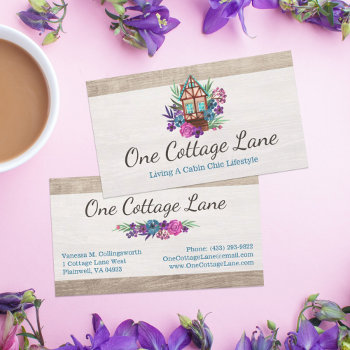 Rustic Cottage Chic Floral Cabin Watercolor Wood Business Card by CyanSkyDesign at Zazzle