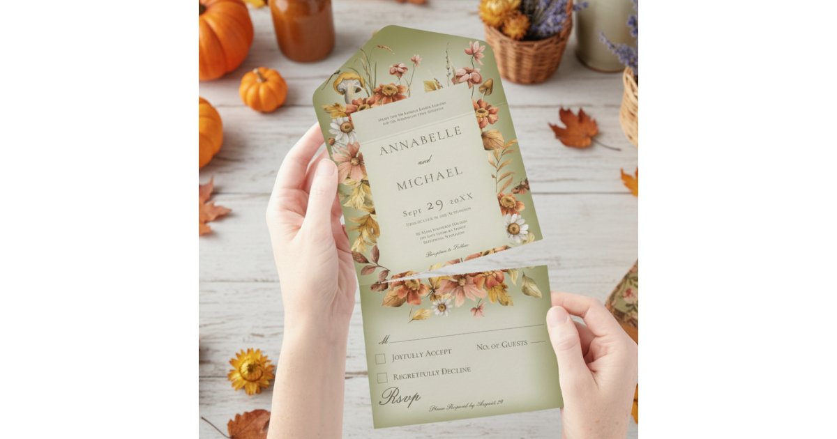 Rustic Cottage Core Fall Wildflowers Green All In One Invitation | Zazzle