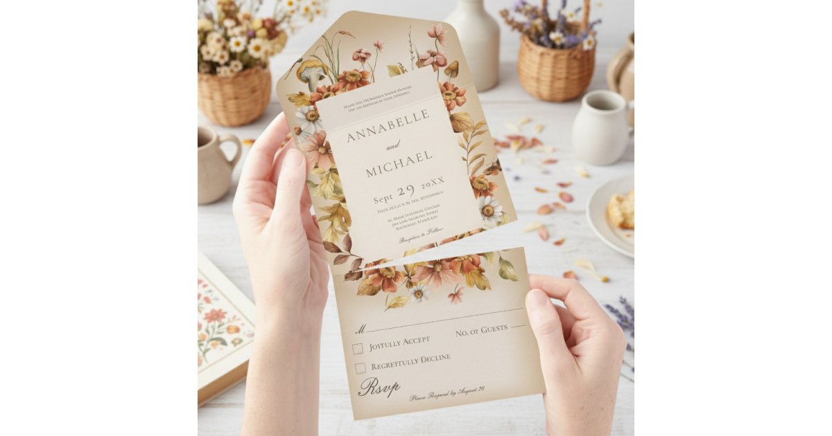 Rustic Cottage Core Fall Wildflowers Tan All In One Invitation | Zazzle