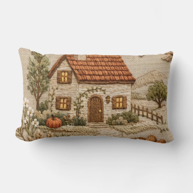 Rustic Cottage Embroidery – Cozy Countryside Lumbar Pillow (Front)