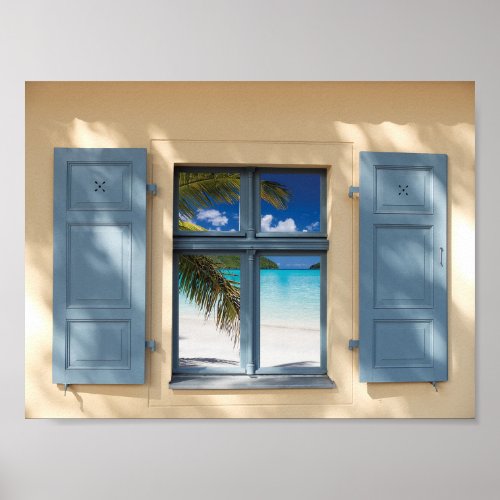 Rustic Cottage Faux Window View Tropical Beach Poster
