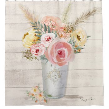 Rustic Cottage Wood Watercolor Floral Pink Pampas Shower Curtain by VintageWeddings at Zazzle