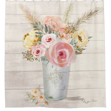 Rustic Cottage Wood Watercolor Floral Pink Pampas Shower Curtain