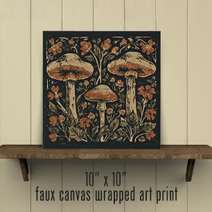 Rustic Cottagecore Art Nouveau Floral Mushrooms Faux Canvas Print
