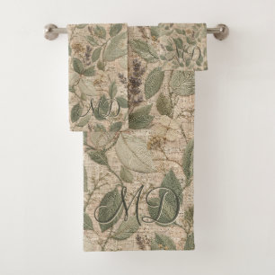 Rustic Cottagecore Floral Embroidered Sage Green Bath Towel Set