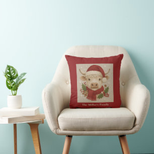 Rustic cottagecore Highland Cow with Santa Hat Throw Pillow