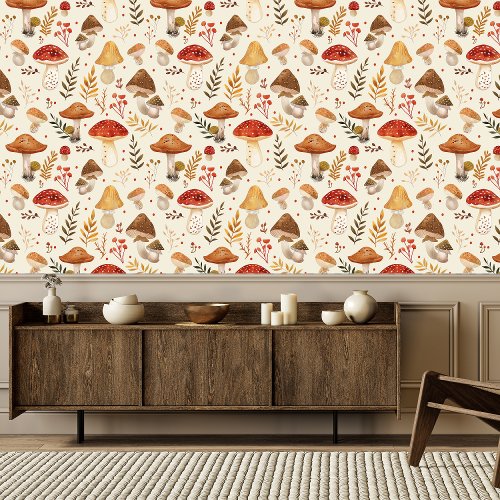 Rustic Cottagecore Mushroom Pattern Peel And Stick Wallpaper