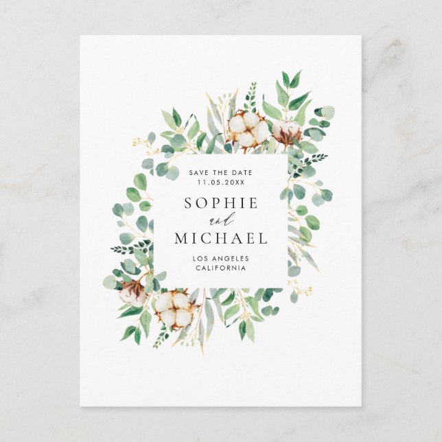 Rustic Cotton and Eucalyptus Frame Save the Date Postcard (Front)
