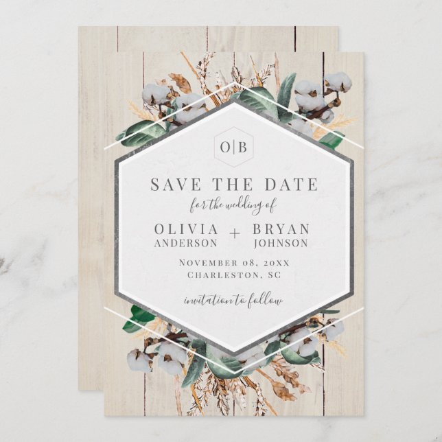 Rustic Cotton and Greenery Save the Date Invitation (Front/Back)