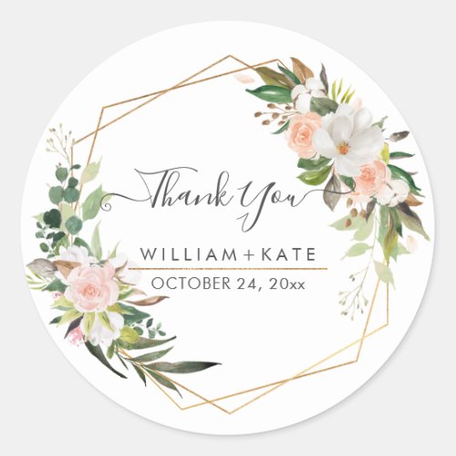 Rustic Cotton Blush Roses Eucalyptus Thank You Classic Round Sticker