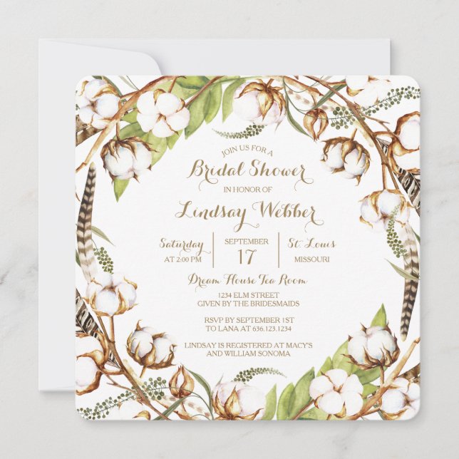 Rustic Cotton Feathers Bridal Shower Invitation (Front)
