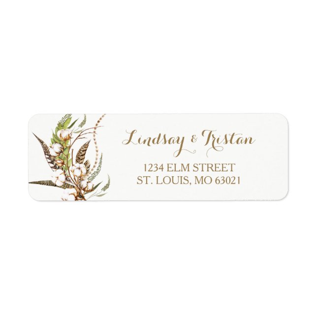 Rustic Cotton Floral Feather Bridal Shower Label (Front)