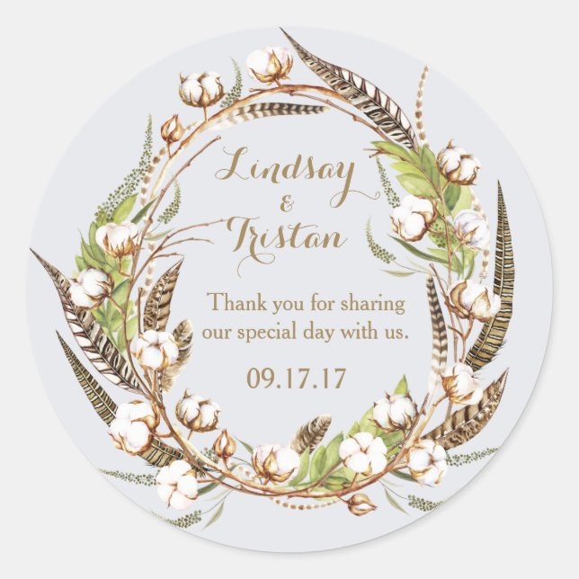 Rustic Cotton Floral Wedding Classic Round Sticker (Front)