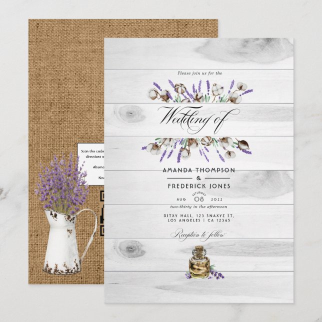 Rustic Cotton Lavender Country QR Code Wedding Invitation (Front/Back)