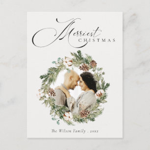 Rustic Cotton Pine Cone Christmas Photo Wreath Postcard