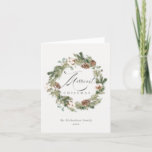 Rustic Cotton Pine Cone Merriest Christmas Wreath Holiday Card