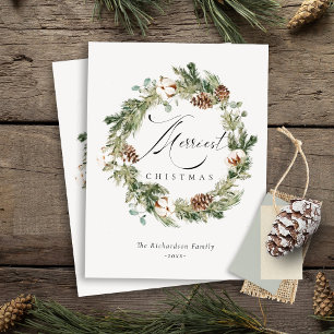 Rustic Cotton Pine Cone Merriest Christmas Wreath Postcard