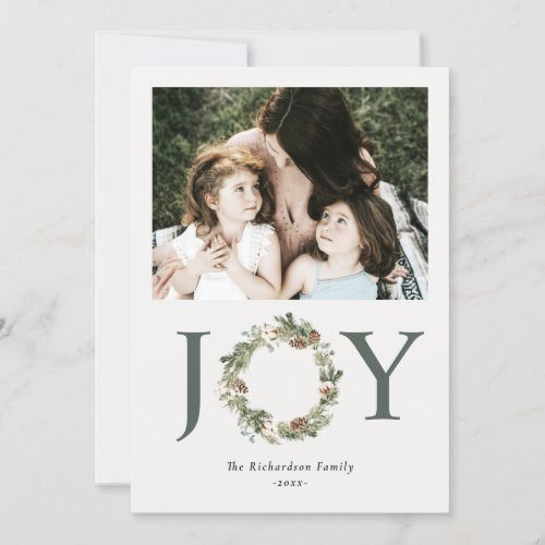 Rustic Cotton Pine Joy Photo Christmas Wreath Holiday Card