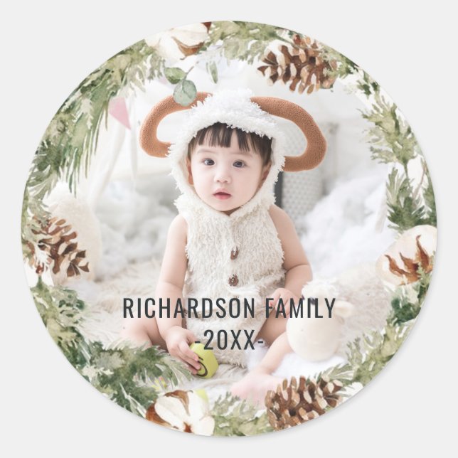 Rustic Cotton Pine Photo Merriest Christmas Wreath Classic Round Sticker (Front)