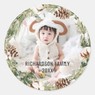 Rustic Cotton Pine Photo Merriest Christmas Wreath Classic Round Sticker
