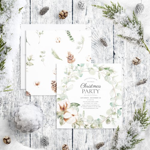 Rustic Cotton Winter Greenery Wreath Holiday Party Invitation