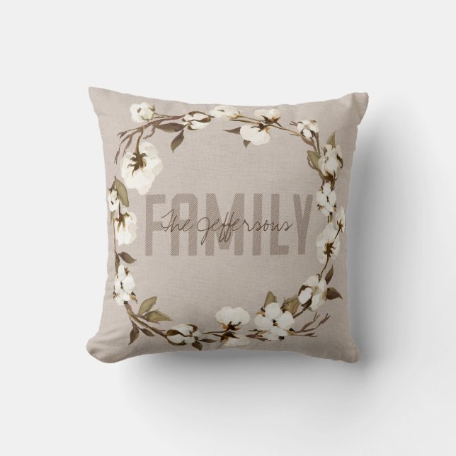 Rustic Cotton Wreath Family Name Monogram Throw Pillow (Front)