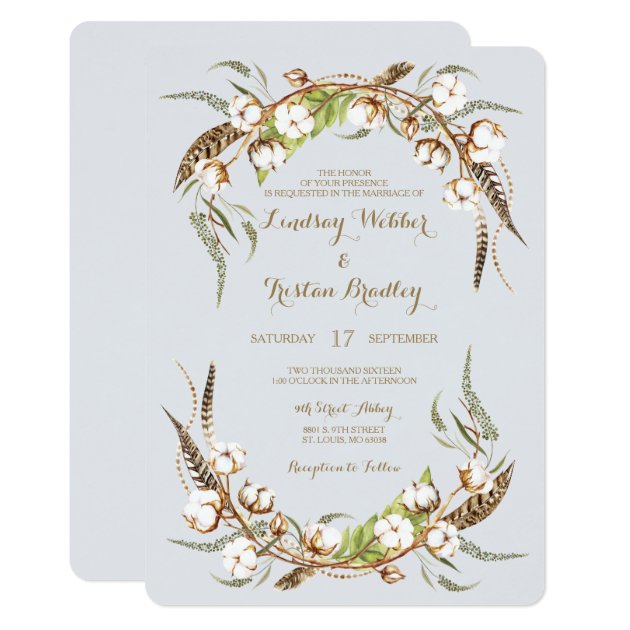 Rustic Cotton Wreath Feathers Wedding Invitation