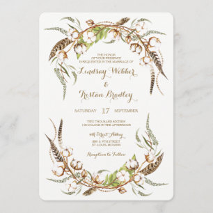 Rustic Cotton Wreath Feathers Wedding Invitation