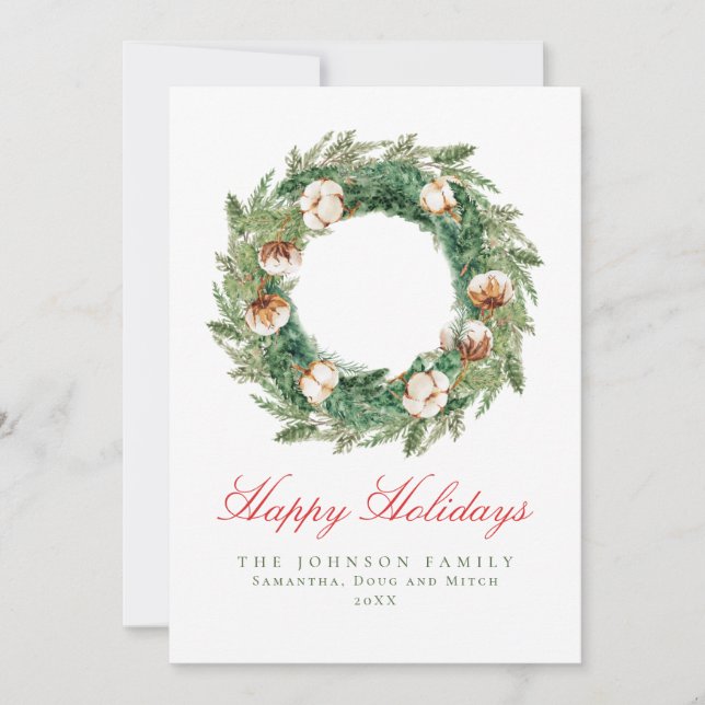 Rustic Cotton Wreath Green Plaid Check Christmas Holiday Card (Front)