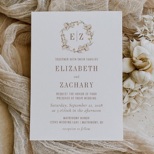 Rustic Cotton Wreath Monogram Wedding Invitation