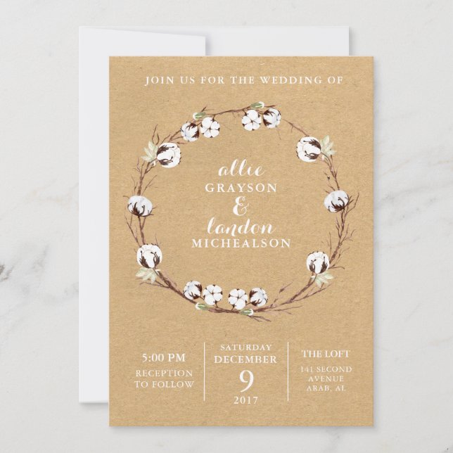 Rustic Cotton Wreath Wedding Invitation (Front)