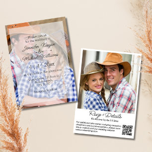 Rustic Country 2 Photo Overlay QR Code Wedding Invitation