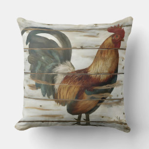 Rustic Country and farm Rooster on weathered wood Outdoor Pillow
