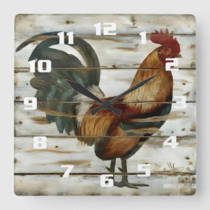 Rustic Country and farm Rooster on weathered wood Square Wall Clock