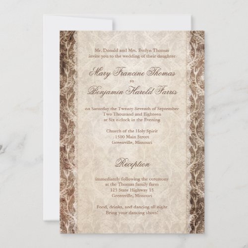 Deer Antler Damask Brown &amp; Cream Wedding Personalized Invitation