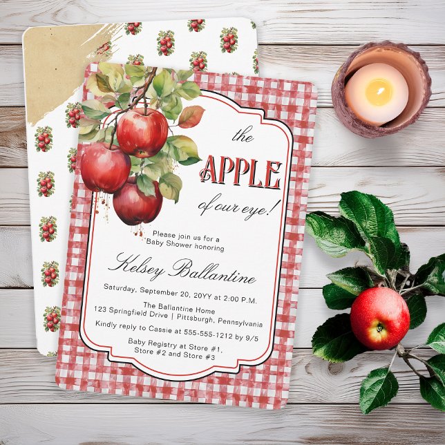 Rustic Country Apple Of Our Eye Baby Shower Invitation ("The Apple of Our Eye!"  Country Rustic Apple Theme Torn Brown Paper Red White Gingham Checks Invite)