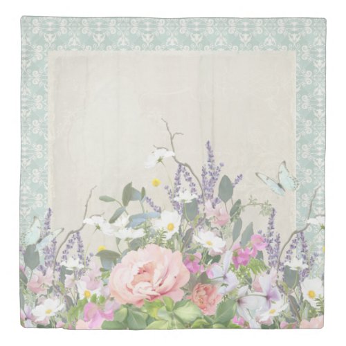 Rustic Country Aqua Blue Butterfly w Peonies Daisy Duvet Cover