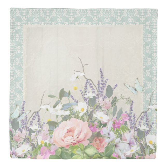Rustic Country Aqua Blue Butterfly w Peonies Daisy Duvet Cover (Front)