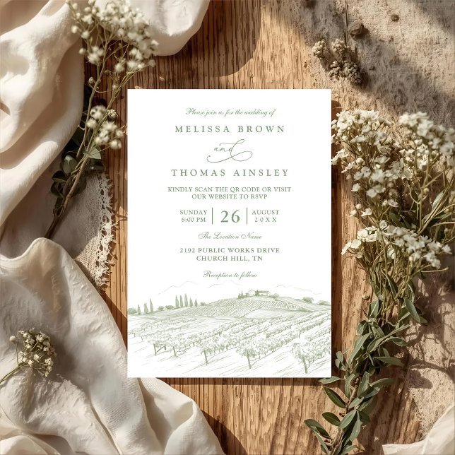 Rustic Country Art Line Elegant QR Code Wedding Invitation (Creator Uploaded)