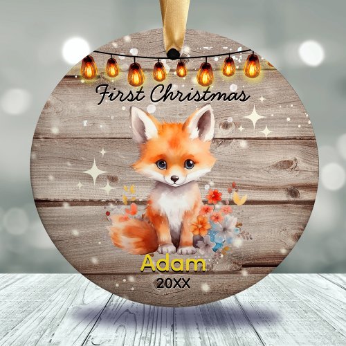 Rustic country baby first Christmas fox Ceramic Ornament