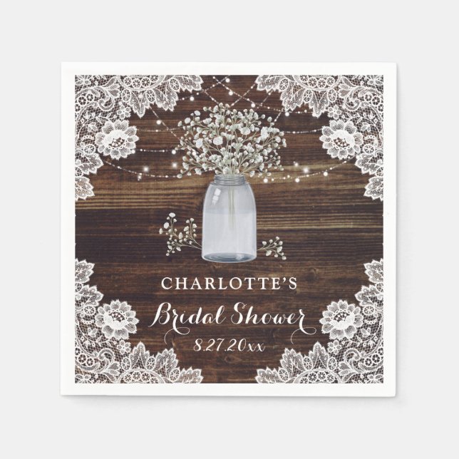 Rustic Country Baby's Breath Wood Bridal Shower Napkins (Front)
