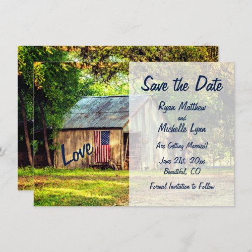Rustic Country Barn American Flag Save the Date Invitation
