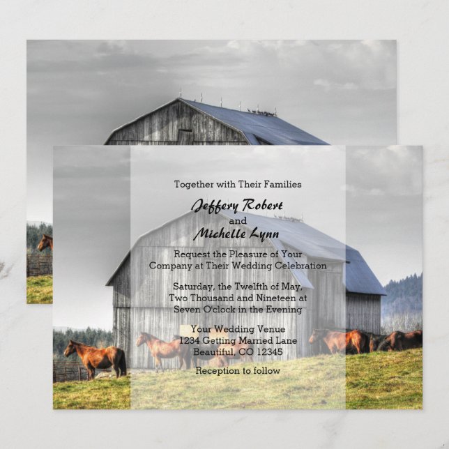 Rustic Country Barn and Horses Wedding Invitation (Front/Back)