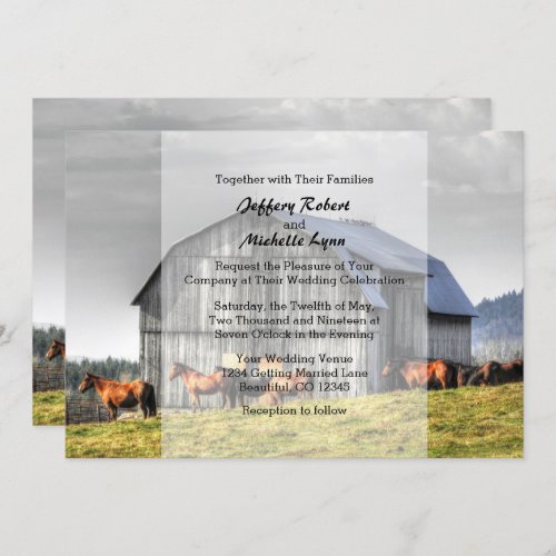 Rustic Country Barn and Horses Wedding Invitation