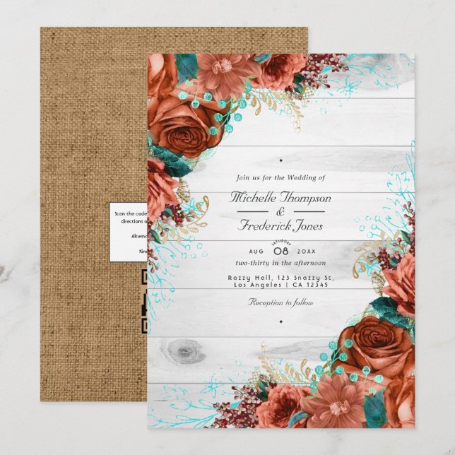 Rustic Country Barn Coral and Teal Floral Wedding Invitation (Front/Back)