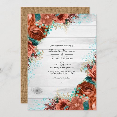 Rustic Country Barn Coral and Teal Floral Wedding Invitation