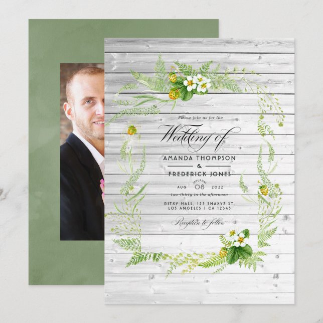 Rustic Country Barn Greenery Wedding Photo Invitation (Front/Back)