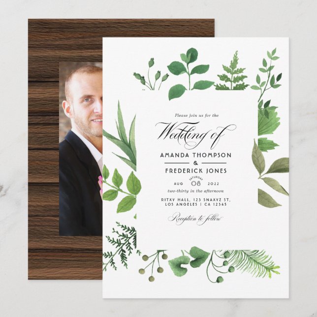Rustic Country Barn Greenery Wedding Photo Invitation (Front/Back)